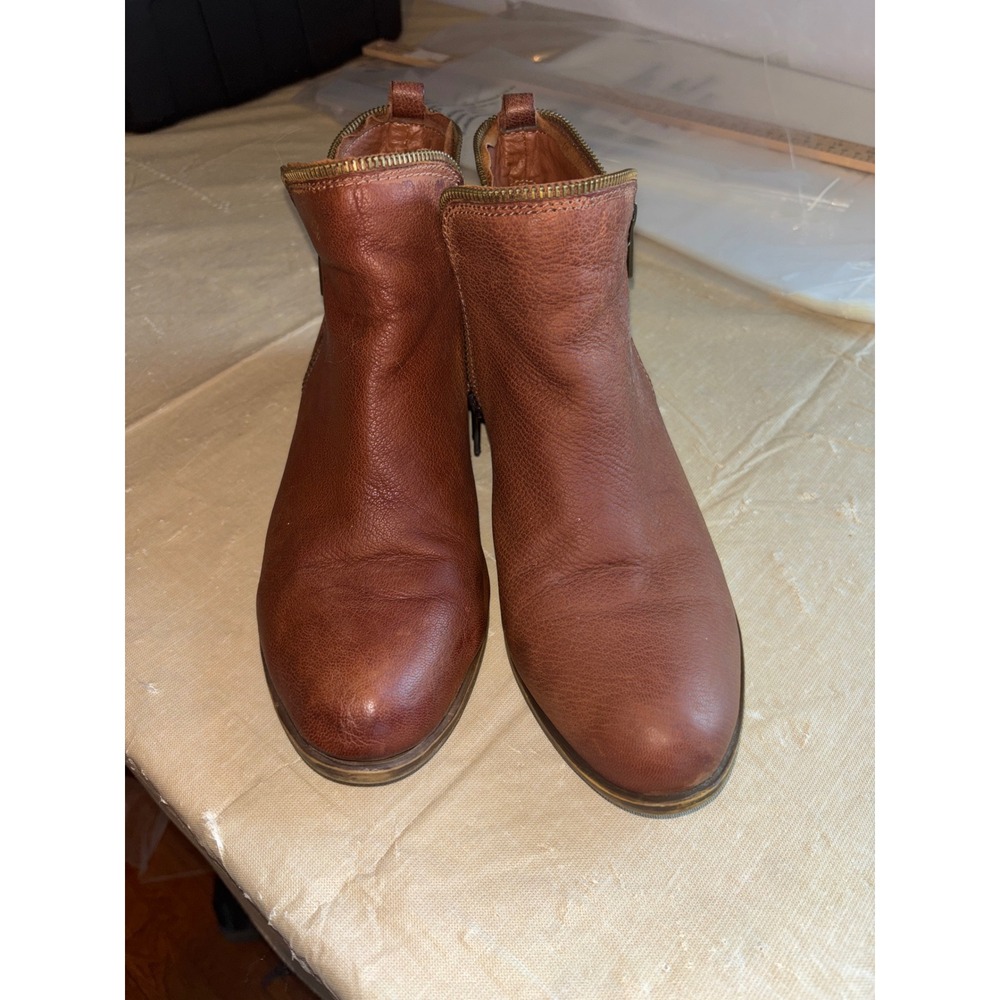 Lucky Brand Basel Cognac Brown Leather Dual Zip Ankle Boots Size 12M 42